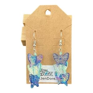 JenDore Handmade Blue Mint Green 3 Stacked Butterfly Dangle Drop Earrings